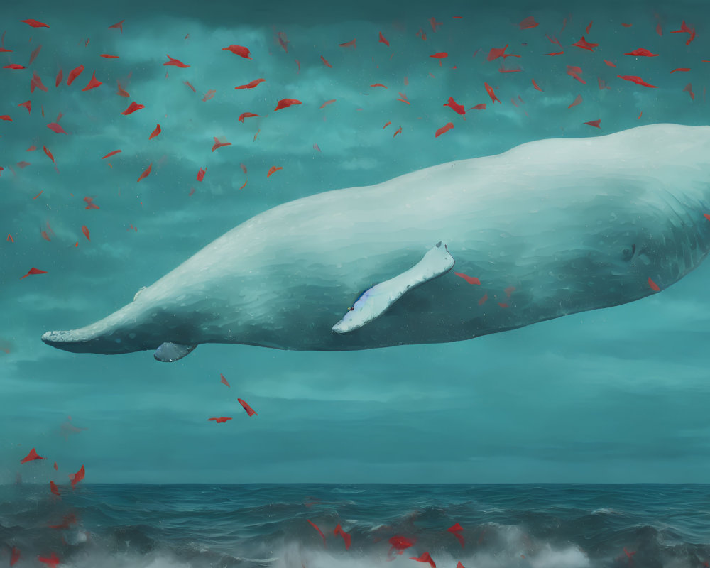 White whale surrounded by red fish in stormy ocean