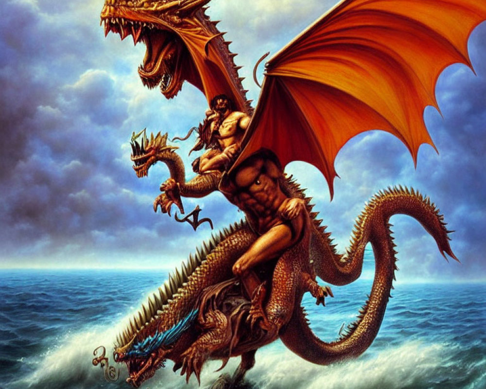 Person riding dragon over stormy sea in fantastical scene