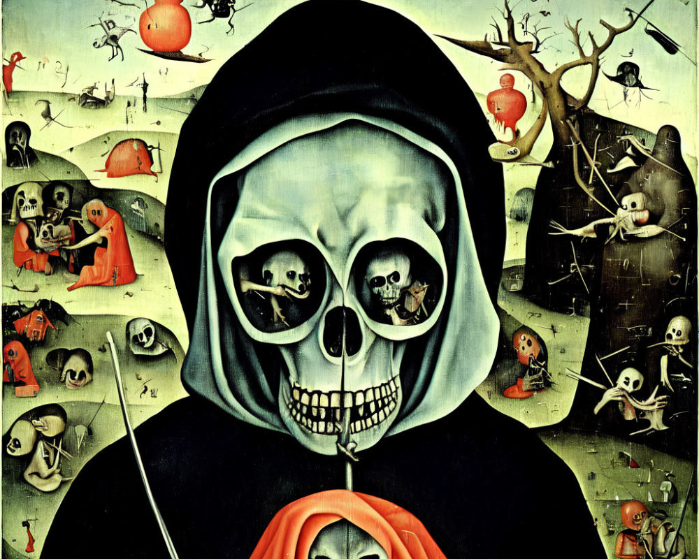 Vibrant surreal painting: giant skull with miniature skeletal figures & activities.