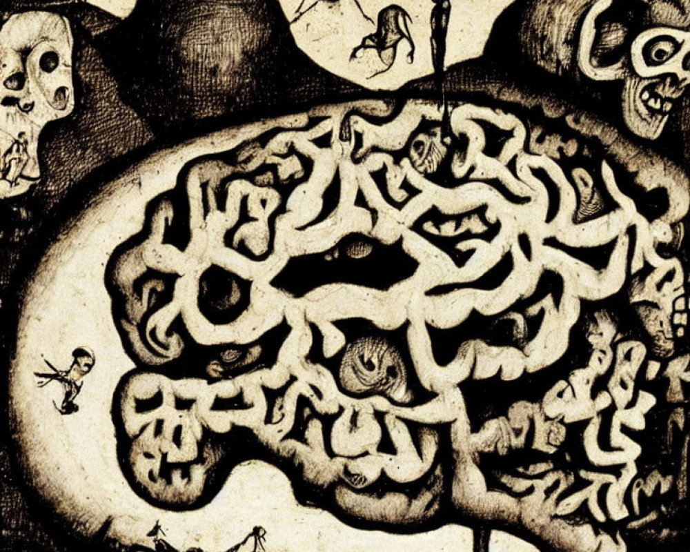 Detailed surreal illustration of brain maze with tiny figures in eerie setting