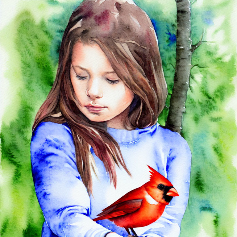 Young girl in blue top with closed eyes holding red cardinal in watercolor art