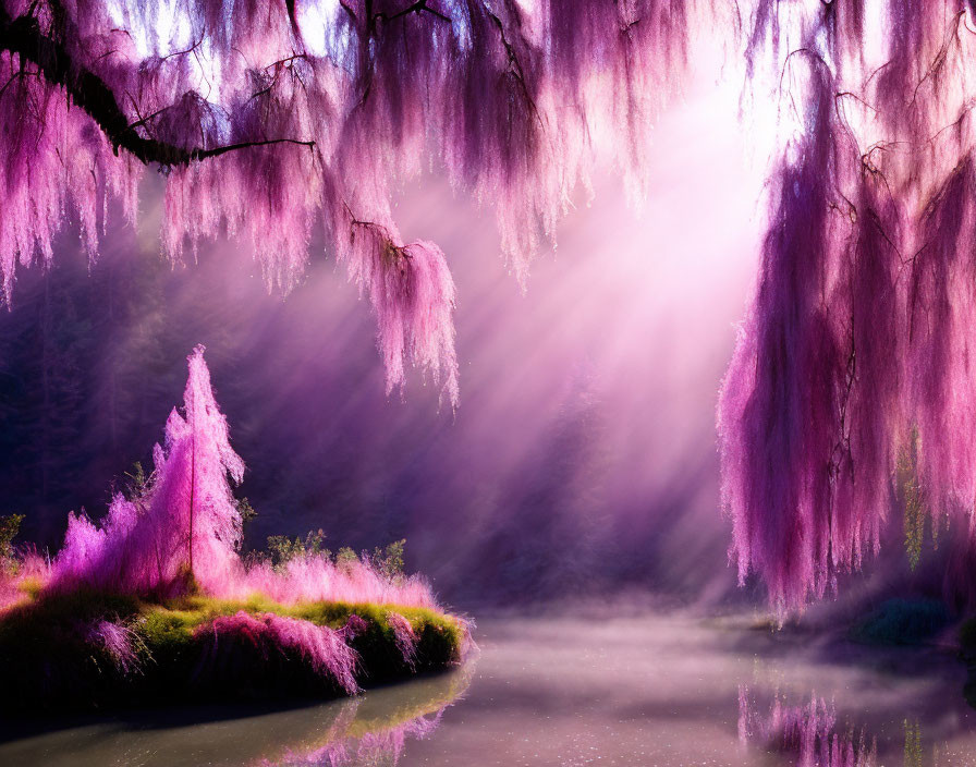 Mystical landscape with vibrant purple willow trees, serene river, sunbeams, and lush