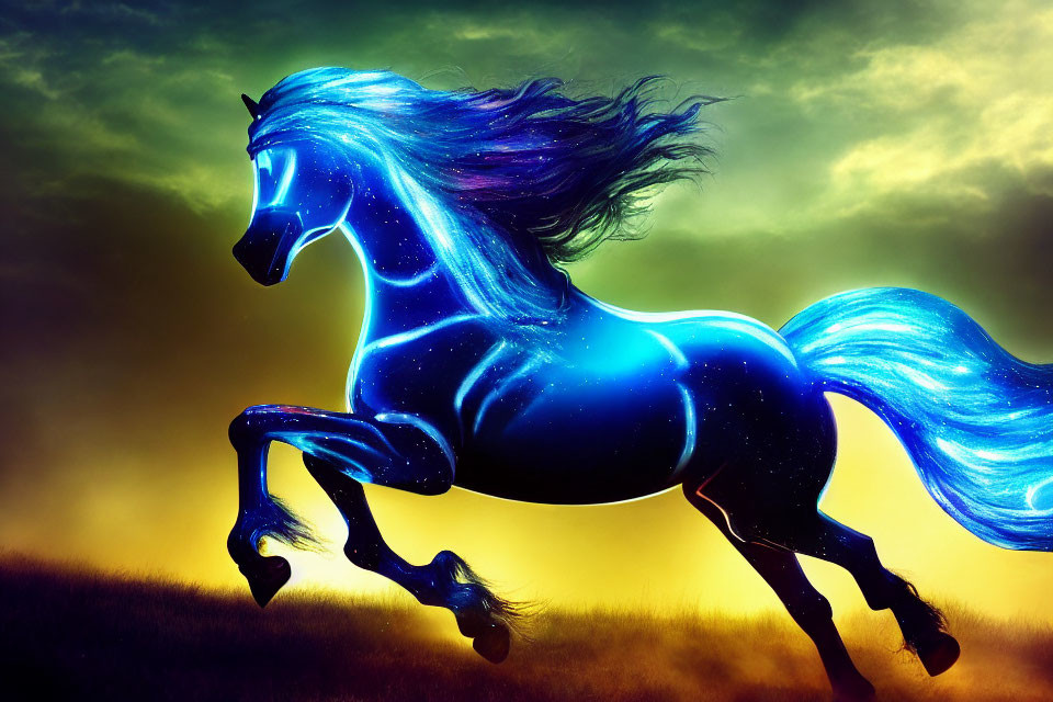 Majestic glowing blue horse with starry night sky body galloping at dusk