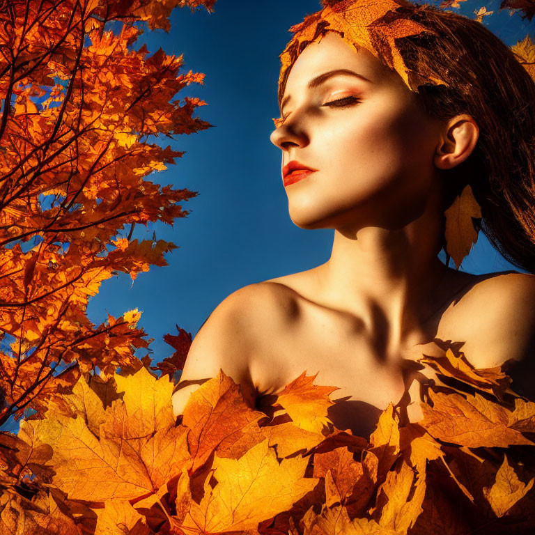 Woman with Autumn Leaves in Hair, Eyes Closed, Head Tilted Upwards