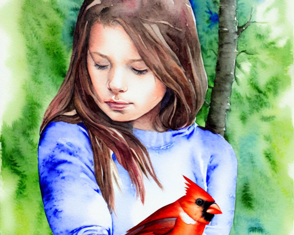 Young girl in blue top with closed eyes holding red cardinal in watercolor art