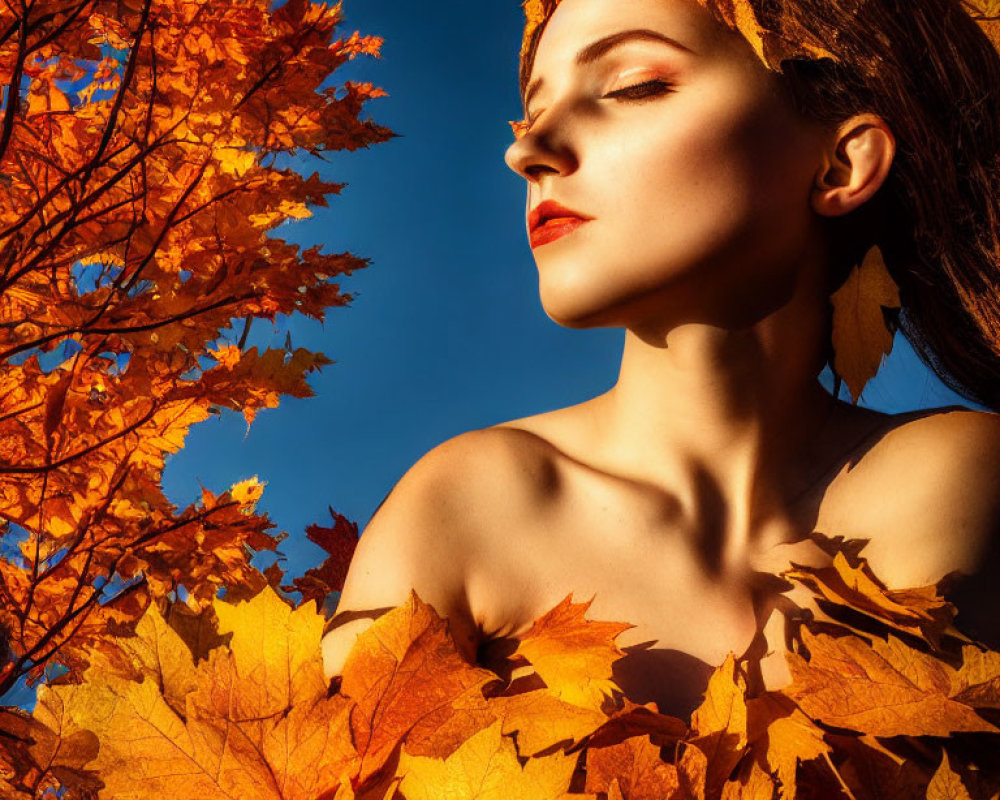 Woman with Autumn Leaves in Hair, Eyes Closed, Head Tilted Upwards