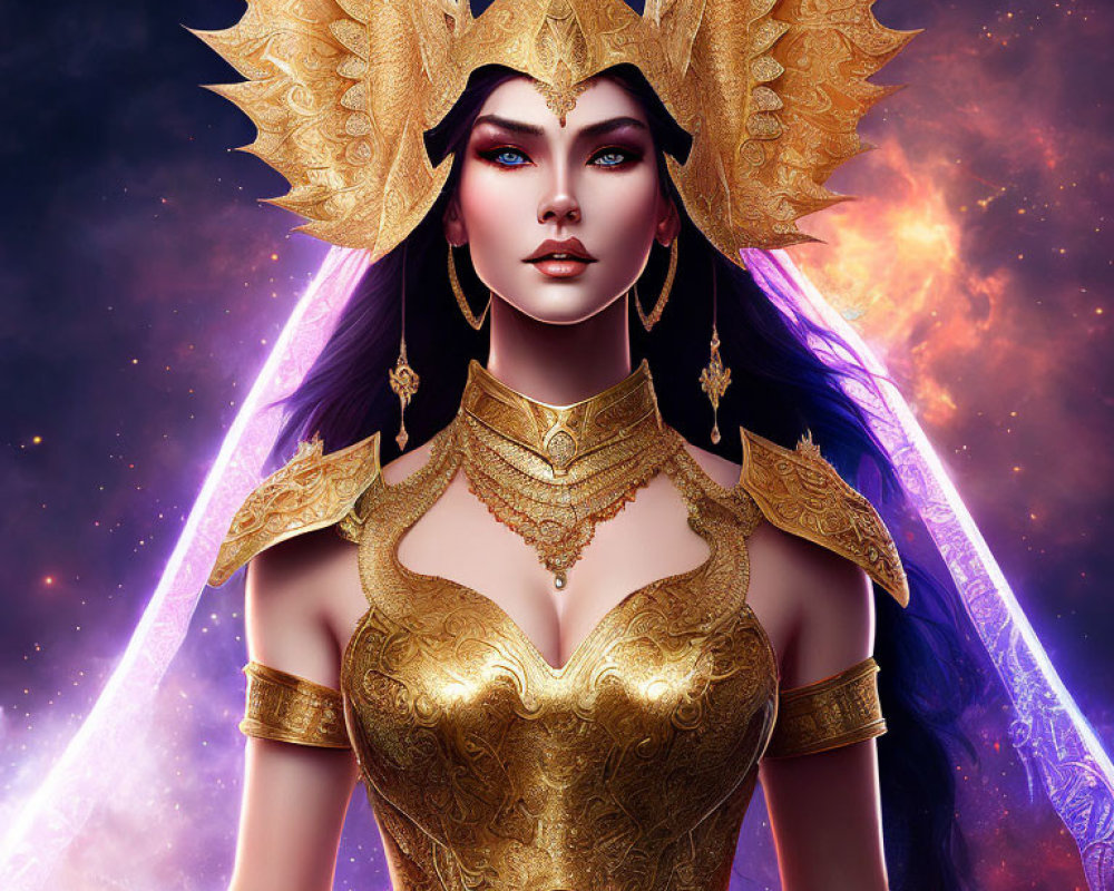 Female character in golden armor and ornate headdress against cosmic backdrop.