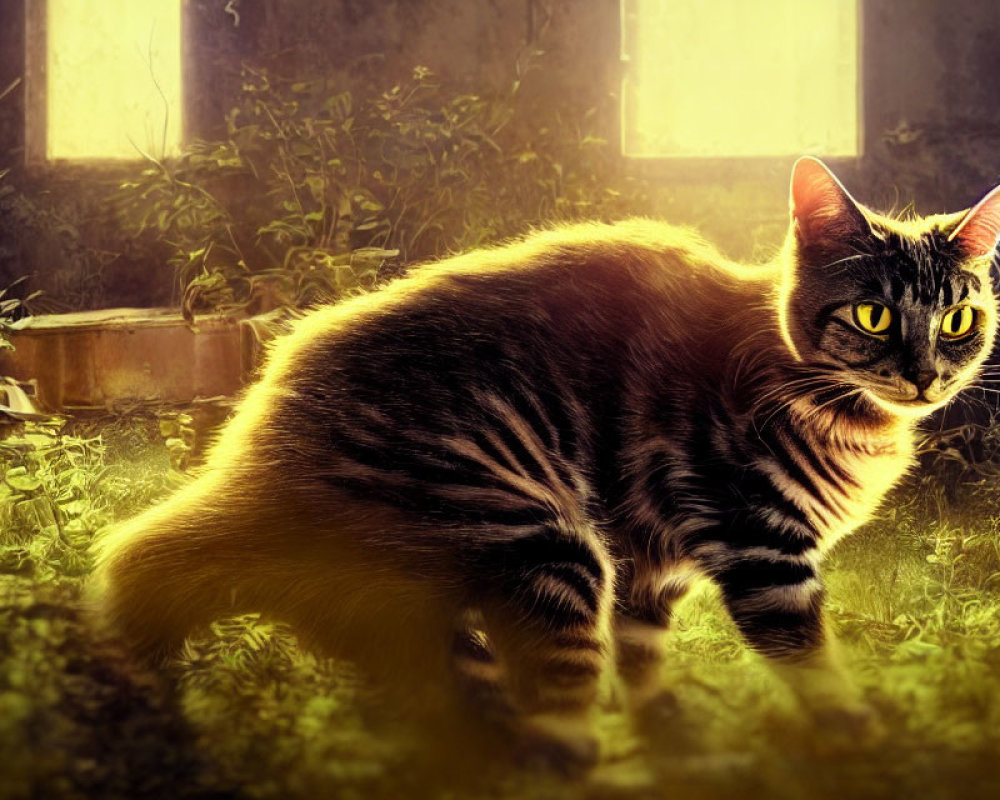 Striped cat in sunlit room with green plants and rustic windows