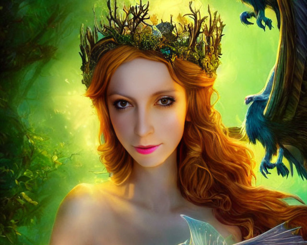 Mystical female figure with crown and red hair in enchanted forest scene