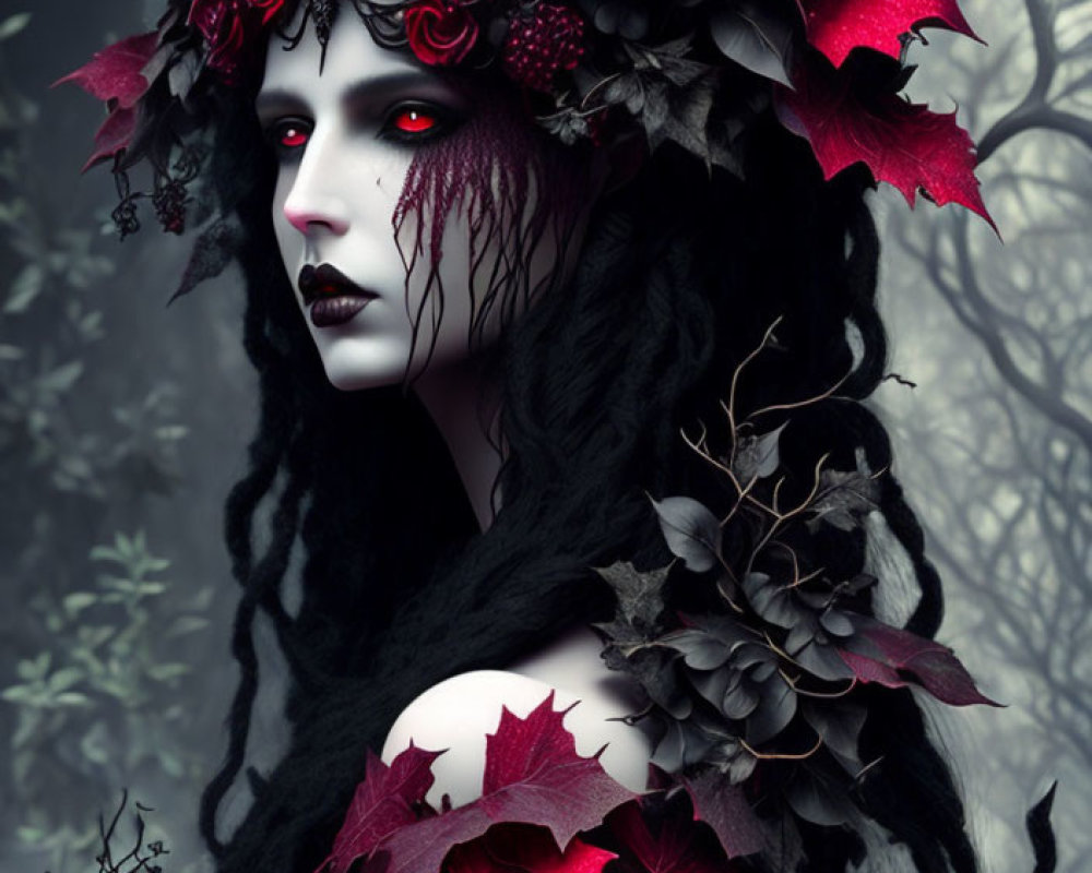 Pale-skinned person with red eyes in dark headpiece among mist