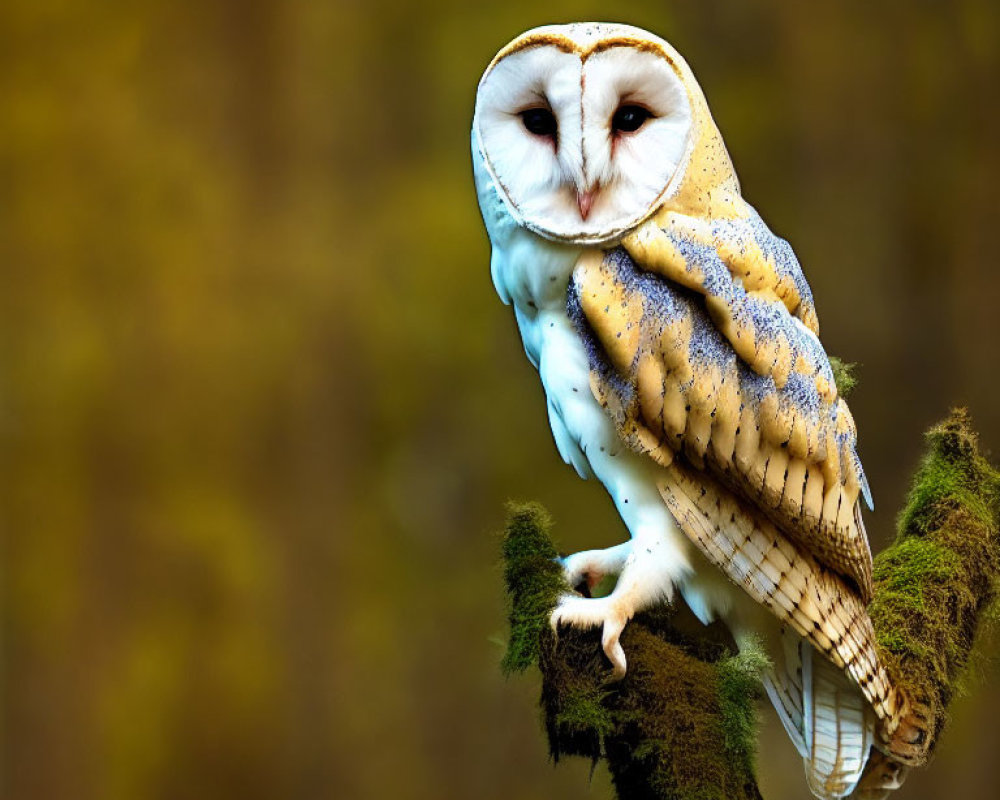 Majestic barn owl perched on mossy branch in soft-focus green background