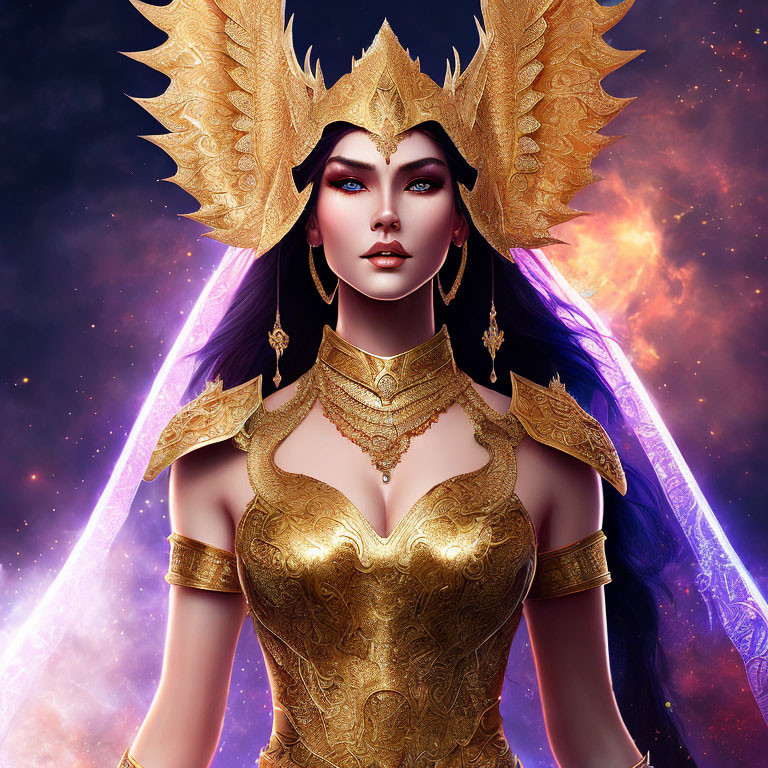 Female character in golden armor and ornate headdress against cosmic backdrop.