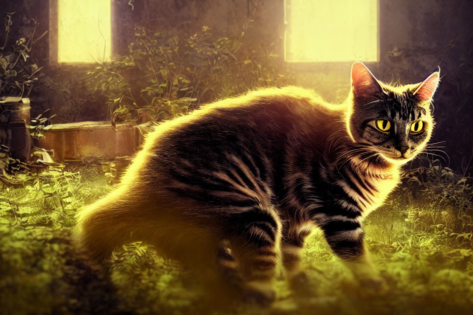 Striped cat in sunlit room with green plants and rustic windows