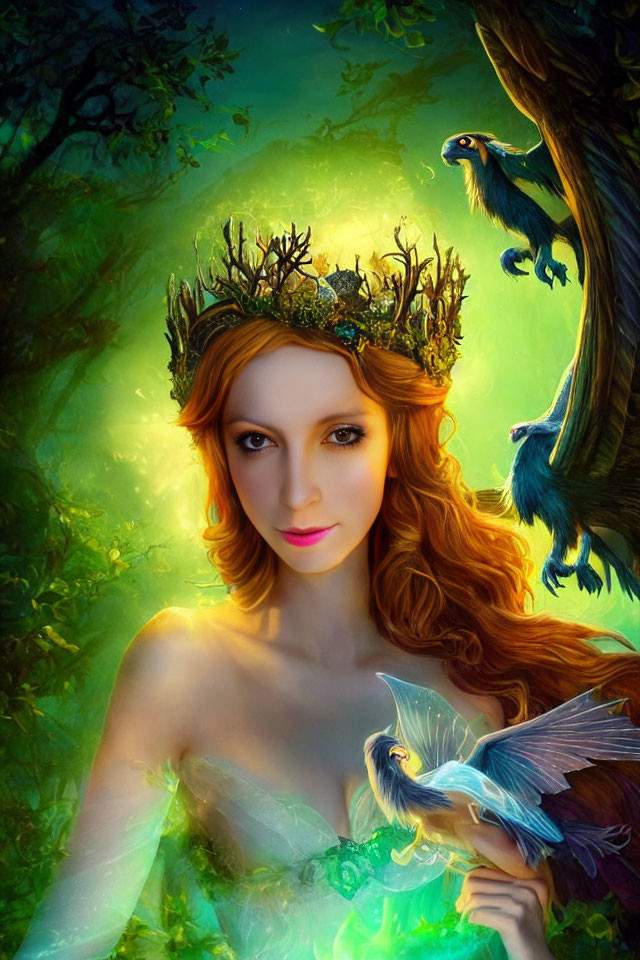 Mystical female figure with crown and red hair in enchanted forest scene