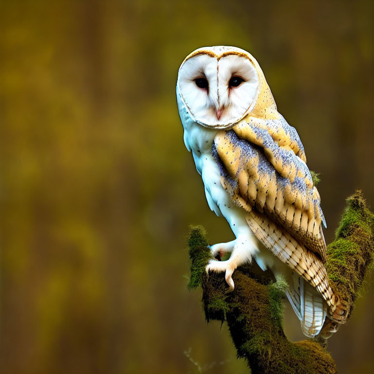 Majestic barn owl perched on mossy branch in soft-focus green background