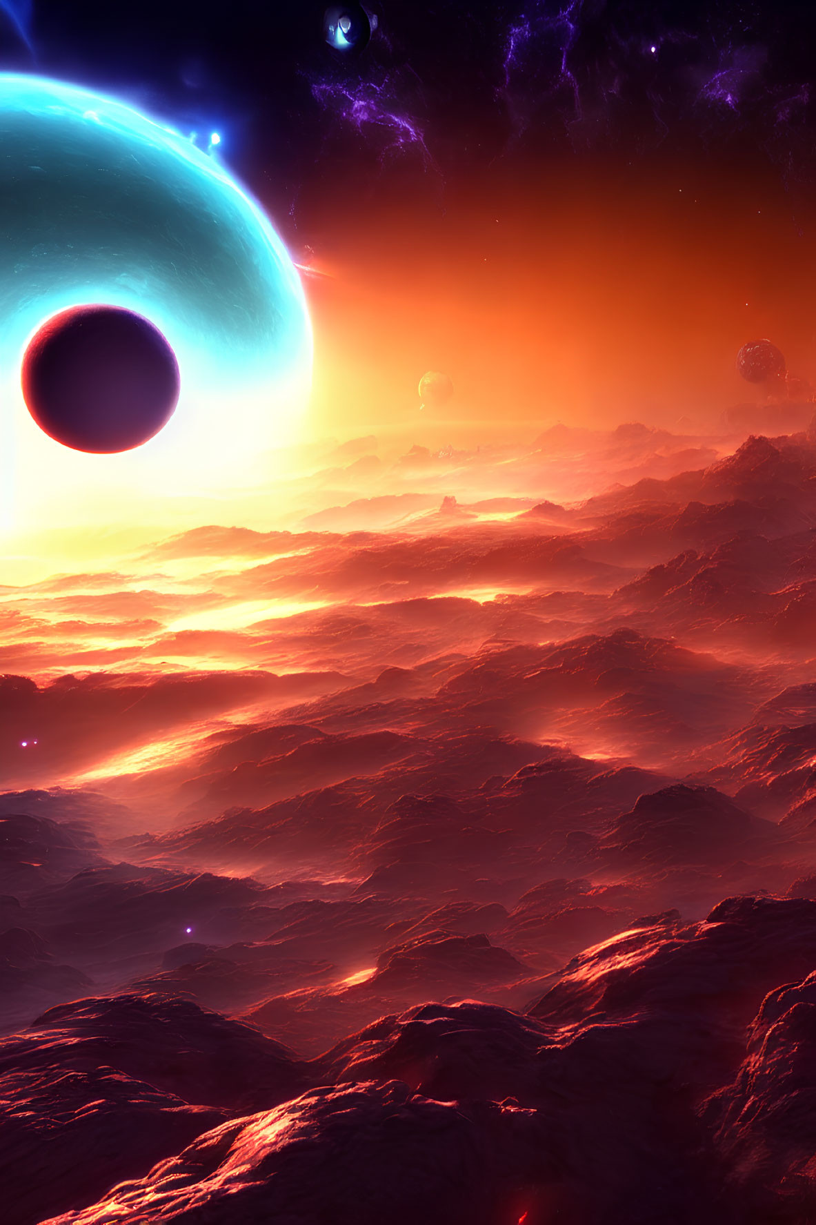 Vibrant sci-fi landscape with orange planet, moons, starry sky, and rocky terrains