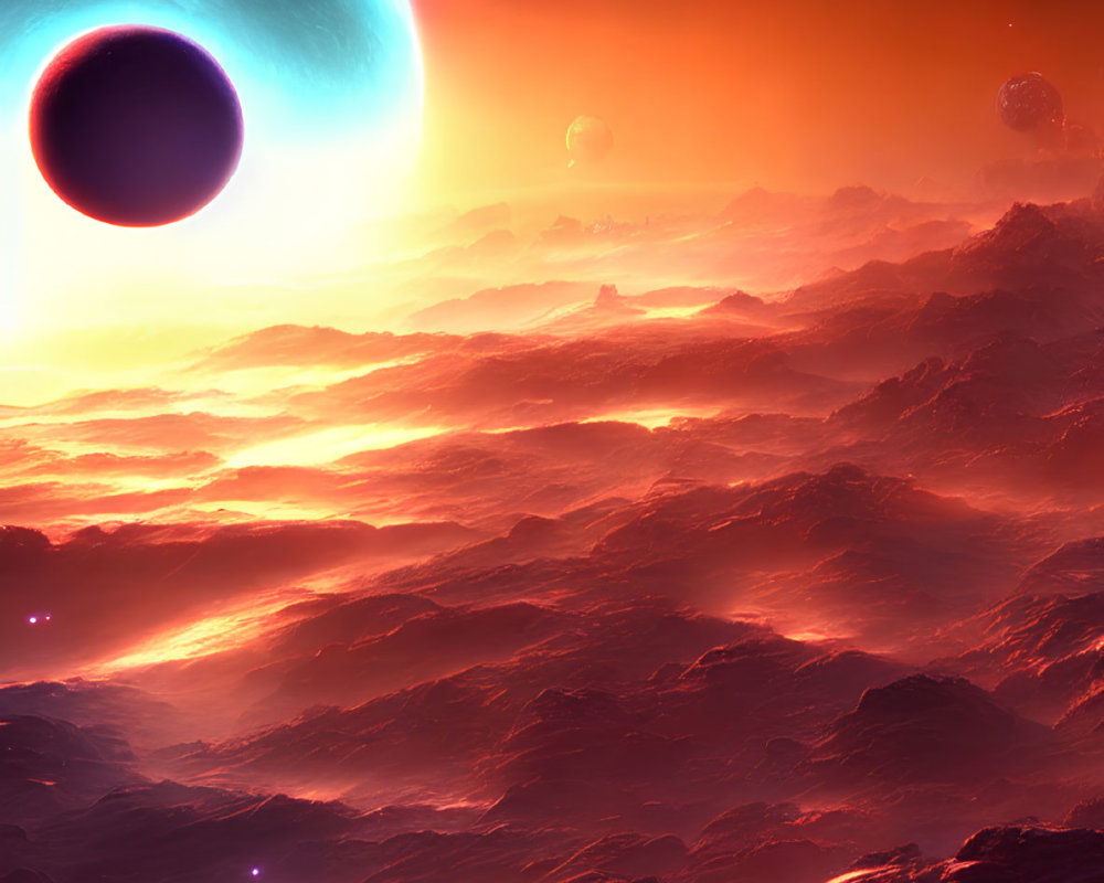 Vibrant sci-fi landscape with orange planet, moons, starry sky, and rocky terrains