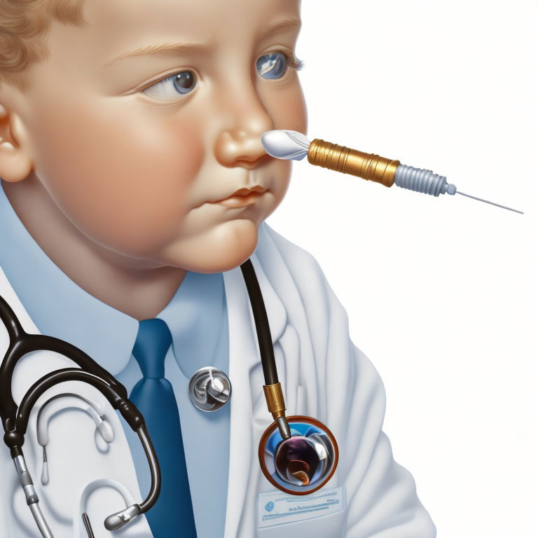 Baby in doctor's coat with stethoscope and thermometer.