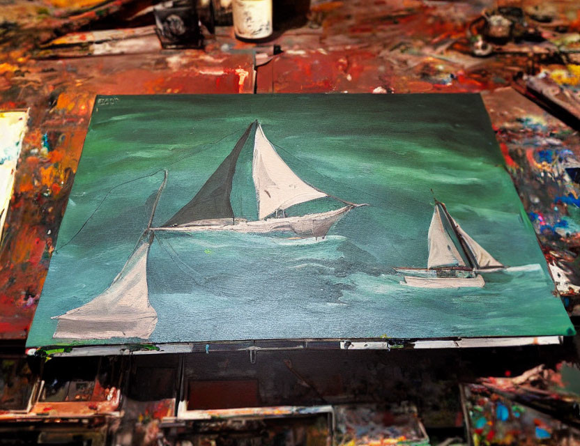 Vibrant sailboat painting with messy palette on worktable