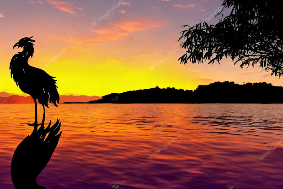 Bird silhouette perched on rock at serene lake with colorful sunset and mountains