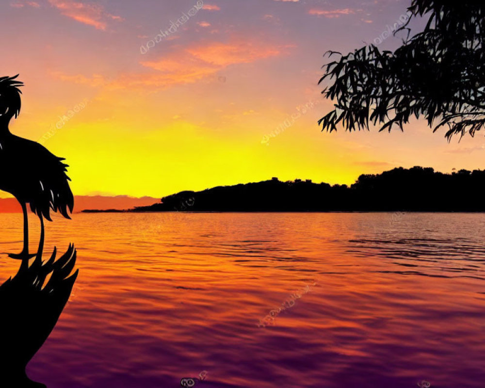 Bird silhouette perched on rock at serene lake with colorful sunset and mountains