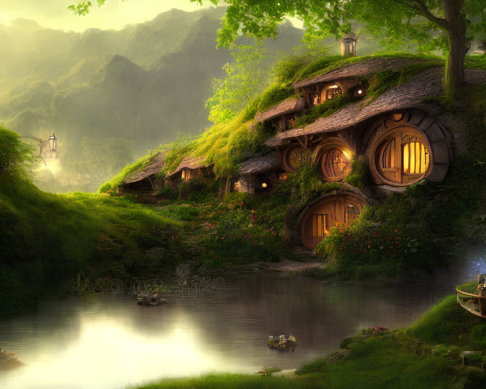 Enchanting hobbit-style village with round doors, lush greenery, and serene pond at sunrise