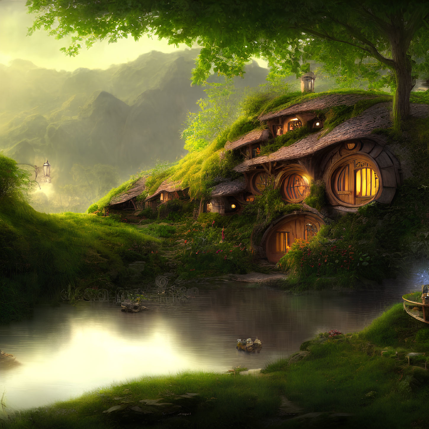 Enchanting hobbit-style village with round doors, lush greenery, and serene pond at sunrise