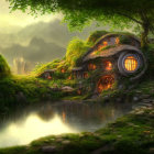 Enchanting hobbit-style village with round doors, lush greenery, and serene pond at sunrise