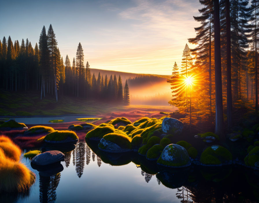 Tranquil forest sunrise with misty lake and sunbeams