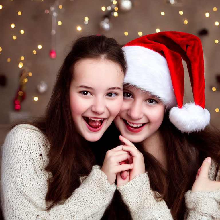 Two girls in cozy sweaters, one in a Santa hat, smiling against festive lights.