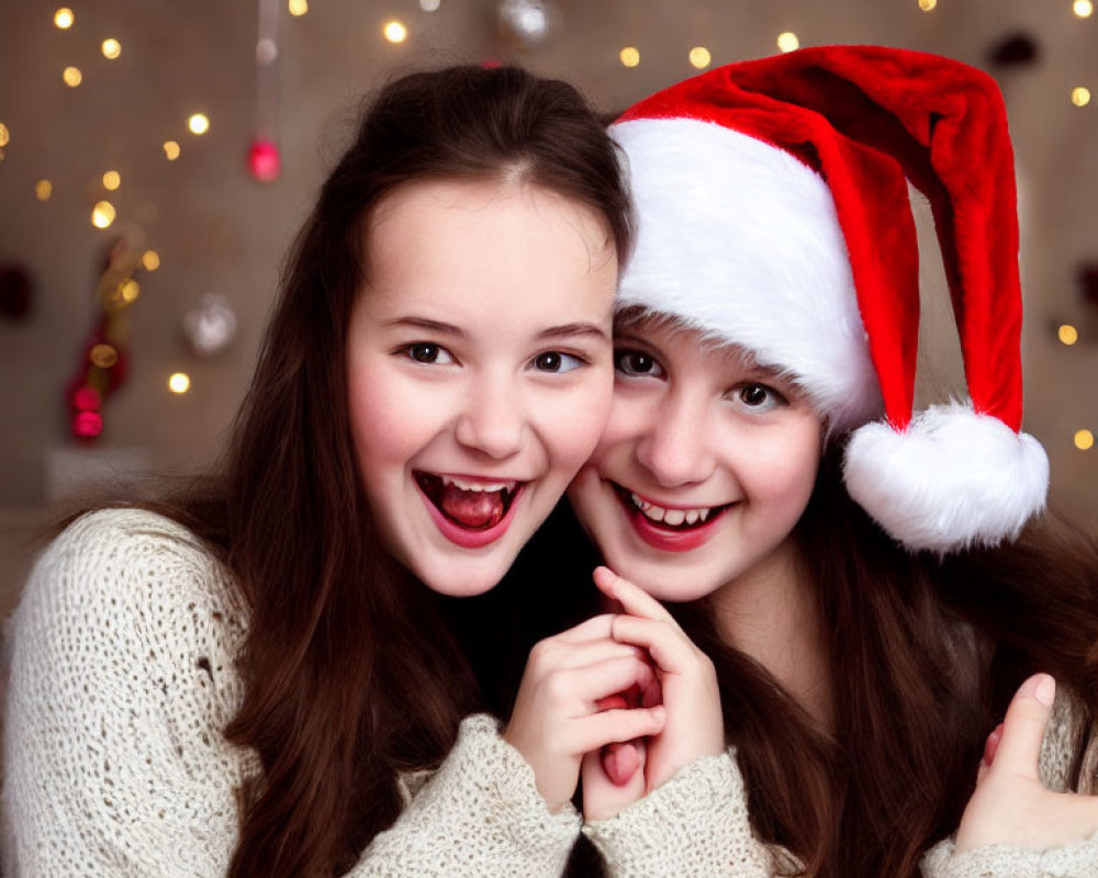 Two girls in cozy sweaters, one in a Santa hat, smiling against festive lights.