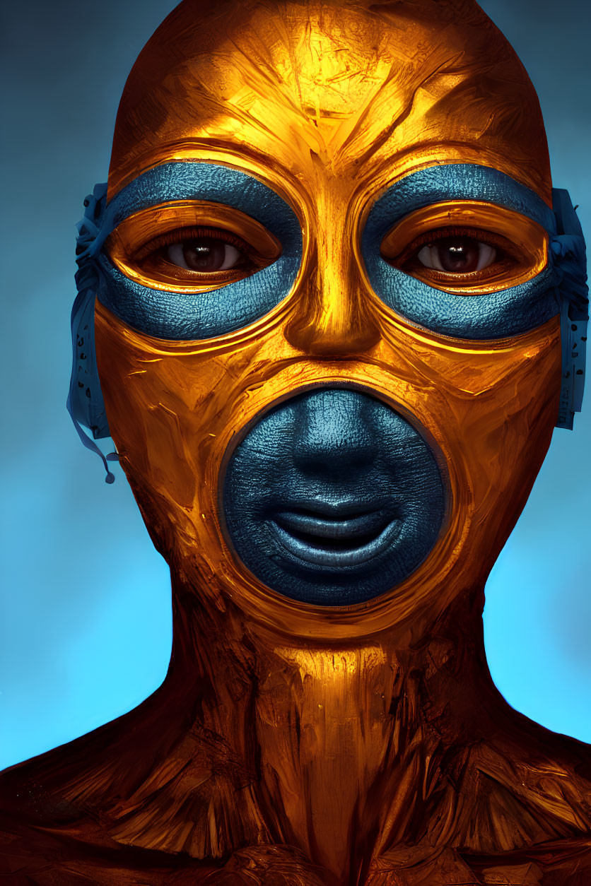 Detailed Close-Up of Person in Metallic Gold and Blue Face Mask