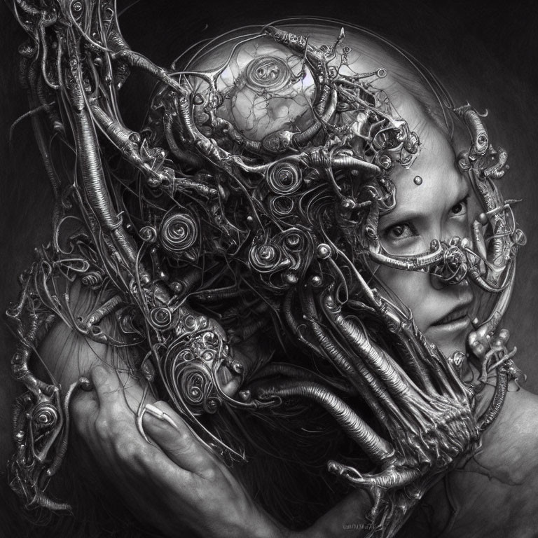 Detailed Monochrome Artwork: Person Intertwined with Biomechanical Designs