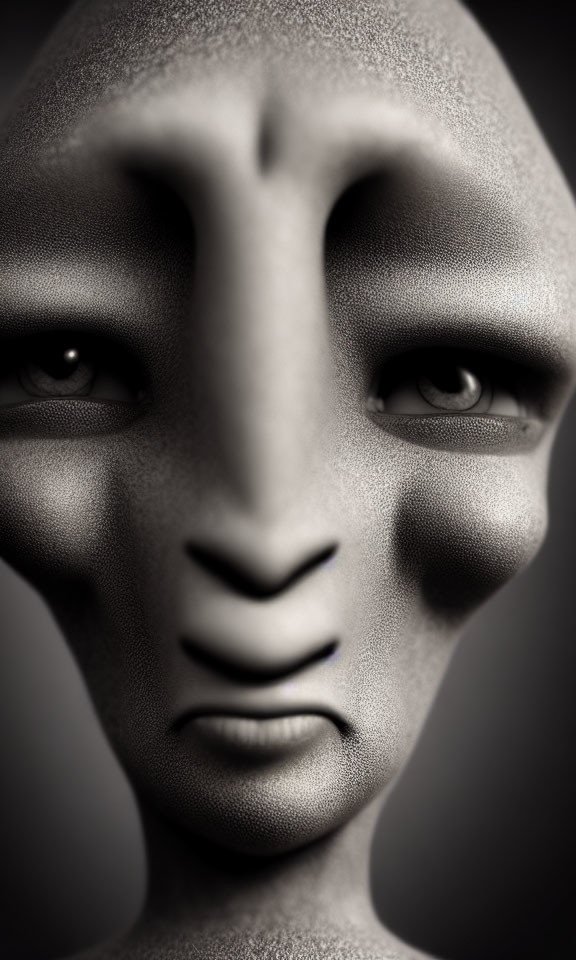 Detailed surreal humanoid face with textured skin and intense eyes