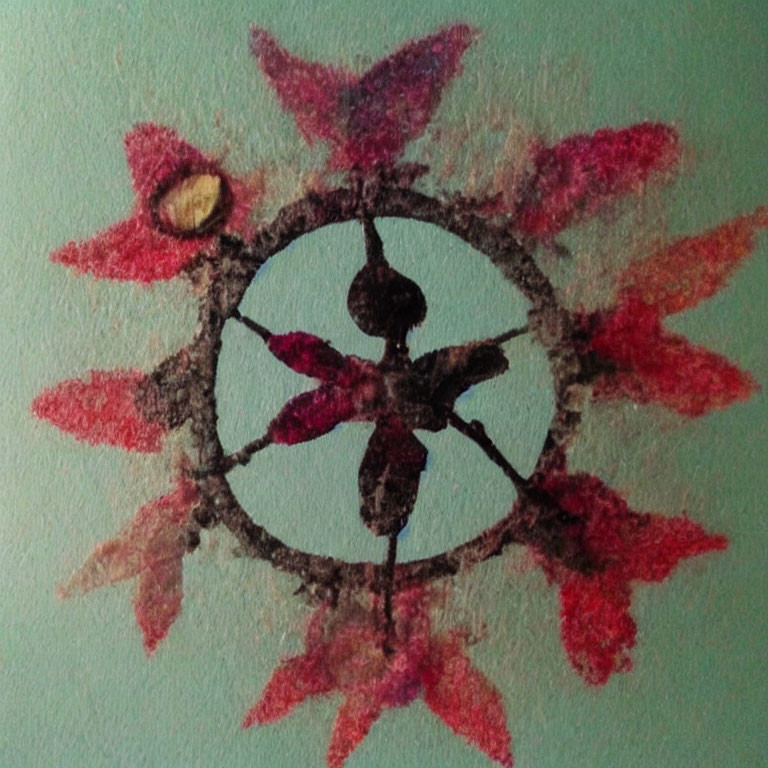 Circular Abstract Crayon Drawing with Dark Center and Red/Pink Leaf-like Shapes on Light Green Background