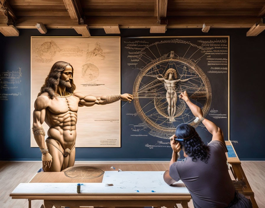 Artist sketching human figure with anatomical diagrams in museum.