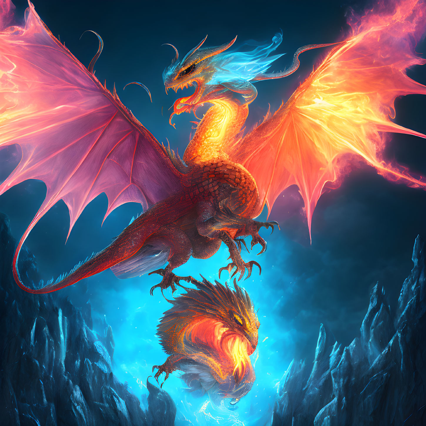 Majestic red dragon with glowing wings in fiery whirlwind scenery