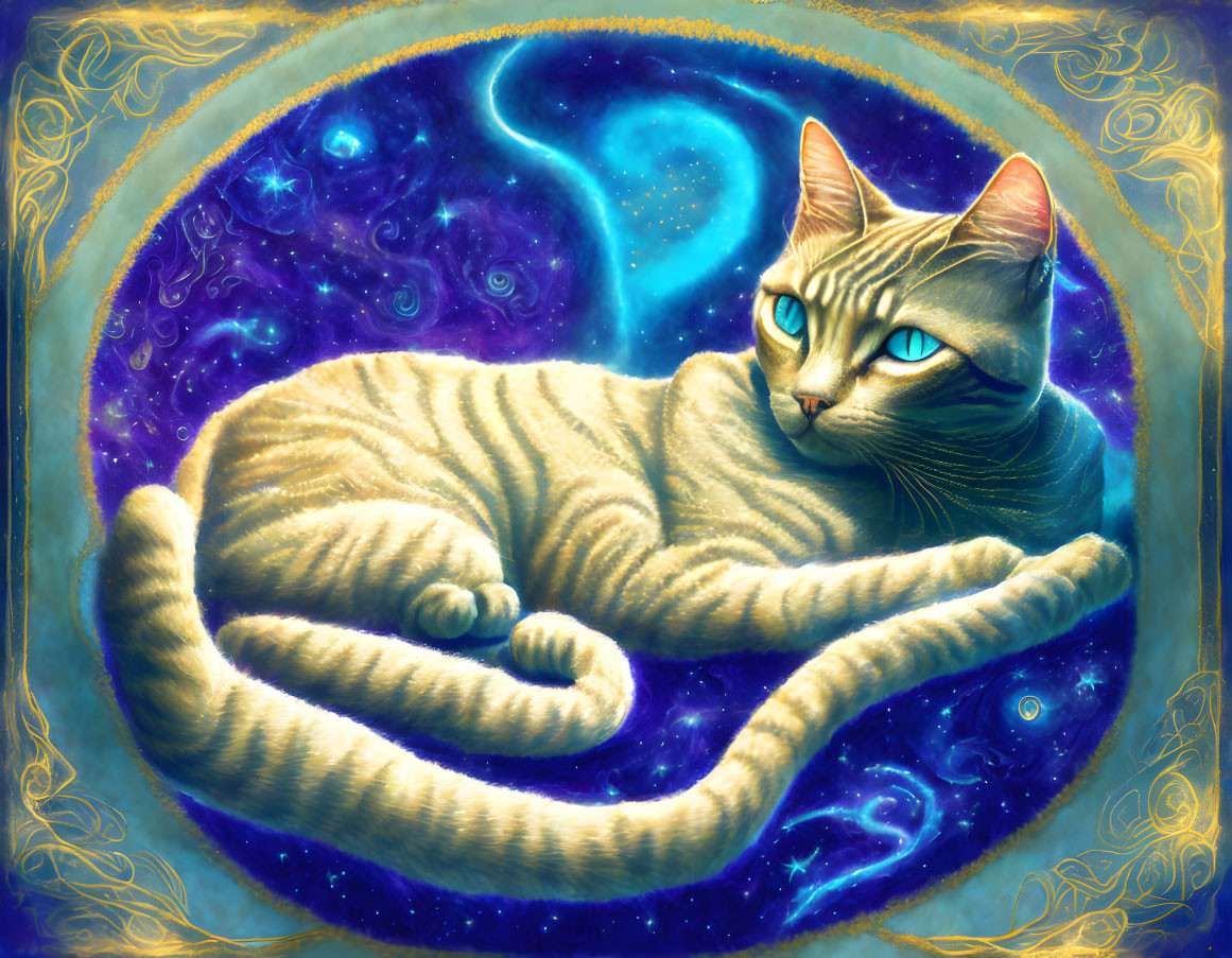 Mystical cat with blue eyes in galaxy setting and golden borders