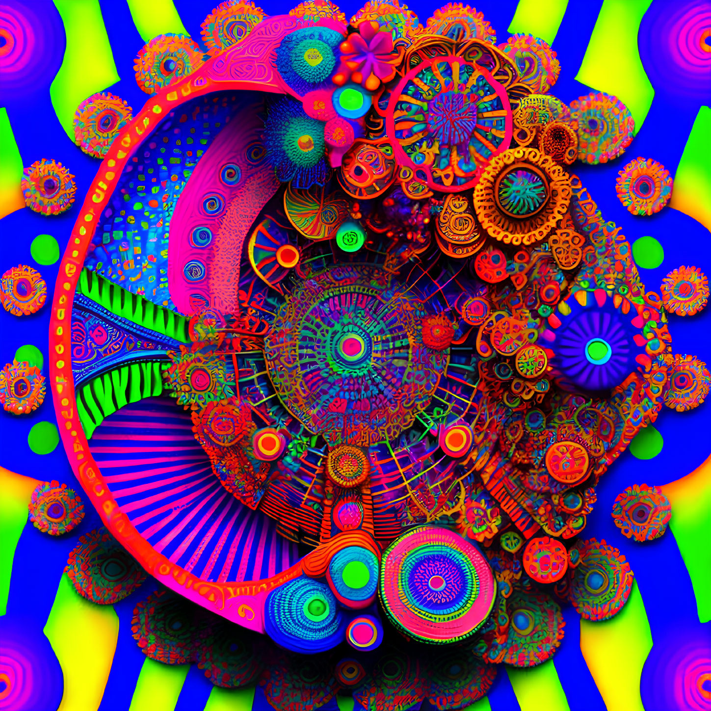 Colorful digital artwork: Psychedelic patterns, gears, and florals in neon hues