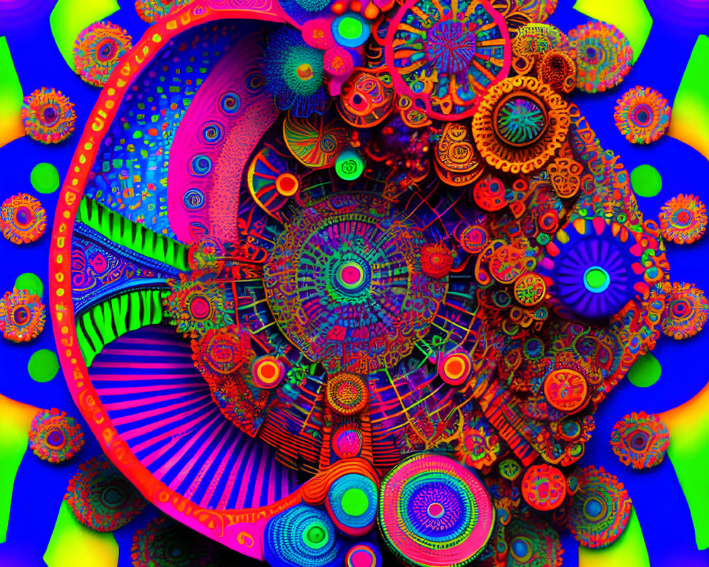 Colorful digital artwork: Psychedelic patterns, gears, and florals in neon hues