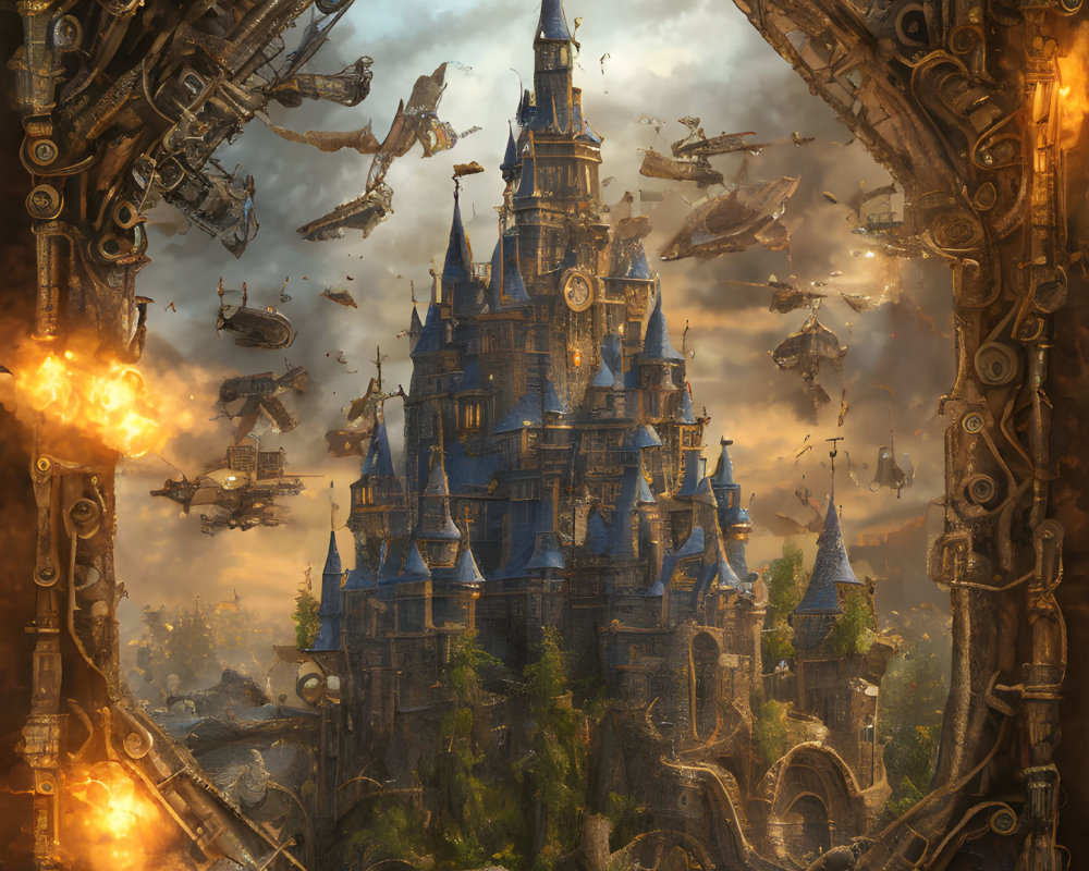 Steampunk castle with flying machines and ornate gear.