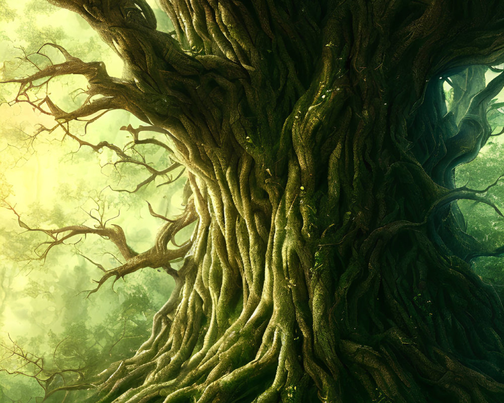 Ancient majestic tree in mystical green forest