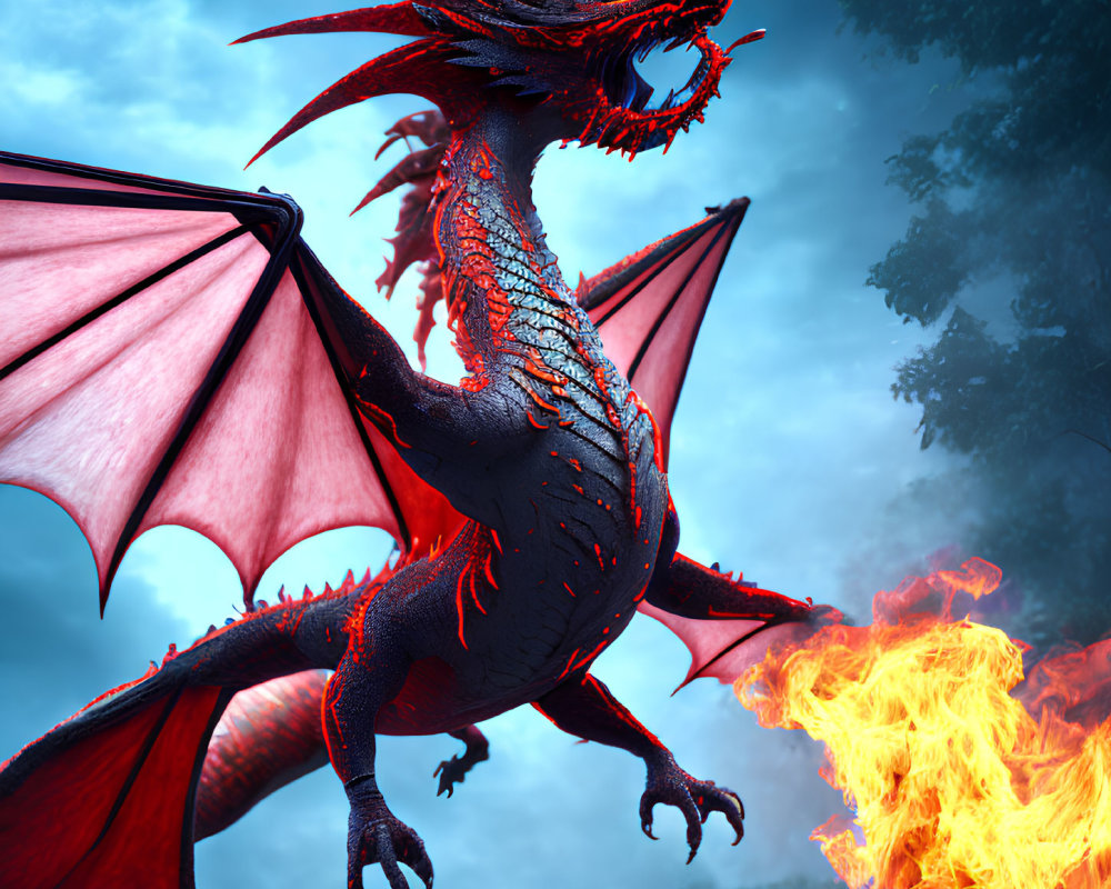 Red Dragon Breathing Fire on Blue Background