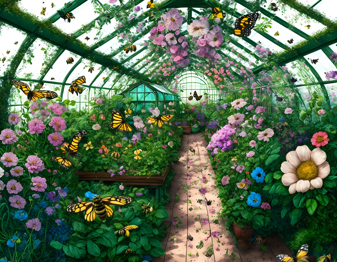 Lush Flowers and Butterflies in Vibrant Greenhouse