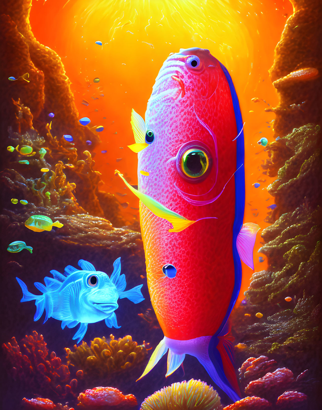 Colorful Underwater Scene with Large Red Fish and Coral Reef