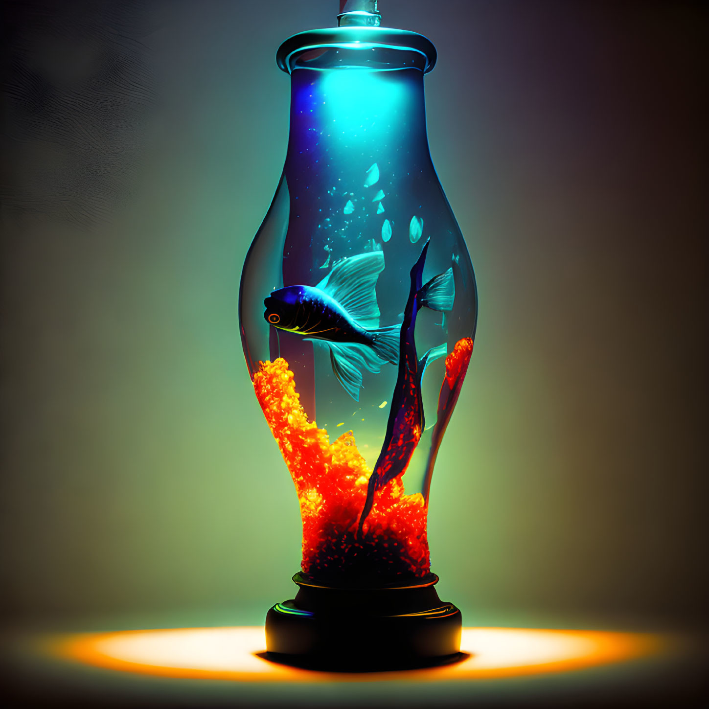 Colorful digital art: Goldfish in light bulb with coral and bubbles