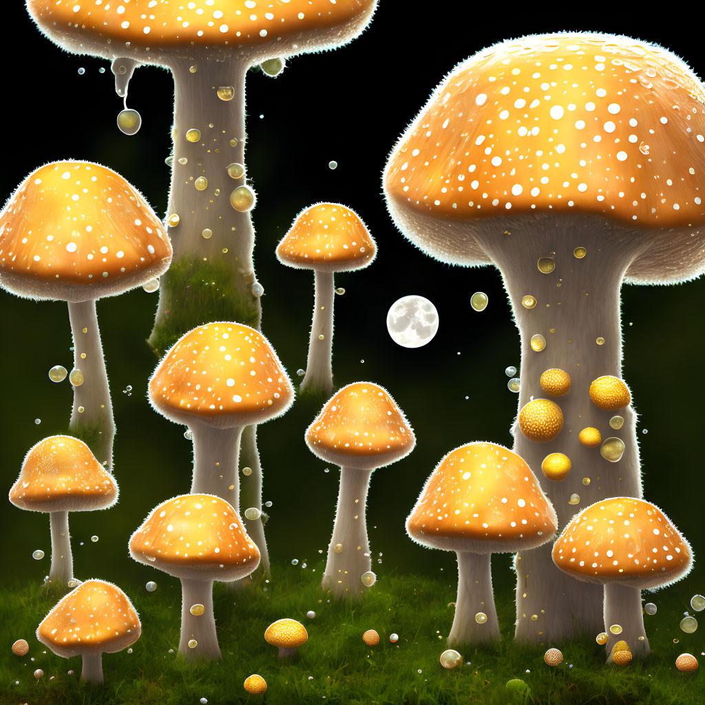 Fantasy illustration of luminous orange mushrooms with white spots and glowing orbs on dark background