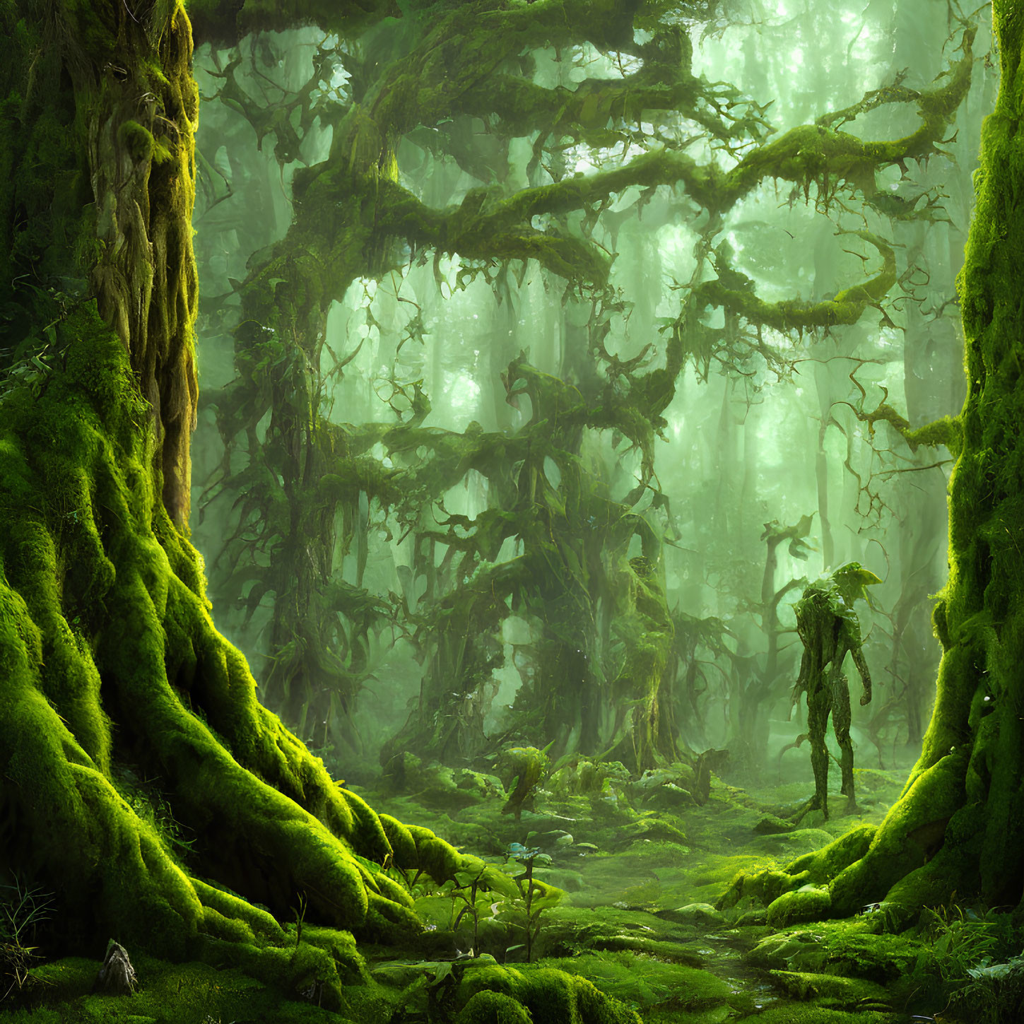 Ethereal green forest with moss-covered trees and humanoid tree figure