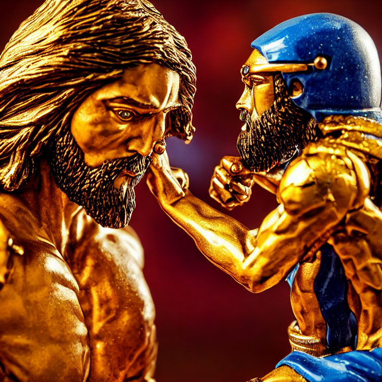 Detailed figurines facing off: one with a beard and long hair, the other with a blue helmet