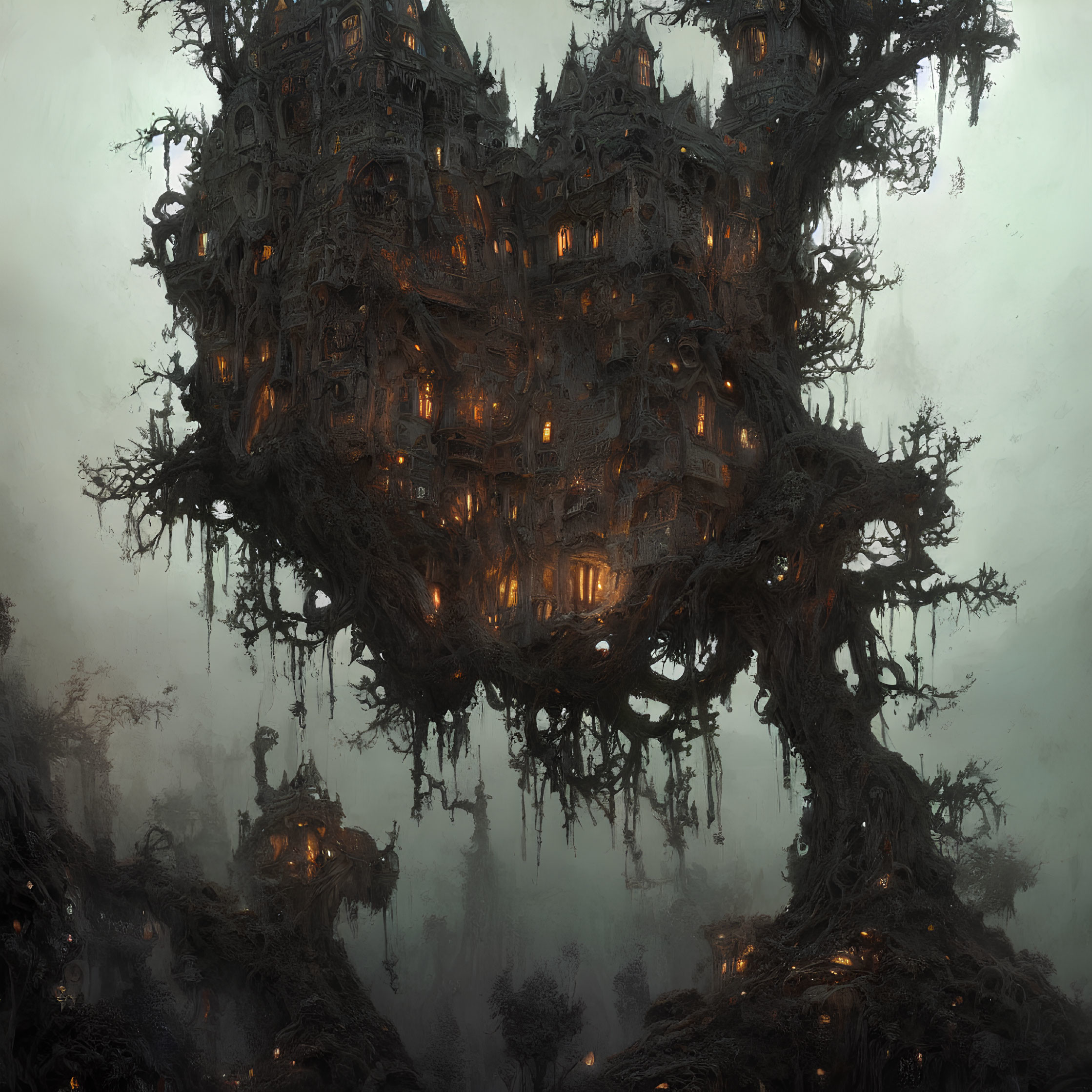 Eerie gothic castle on ancient tree with glowing windows